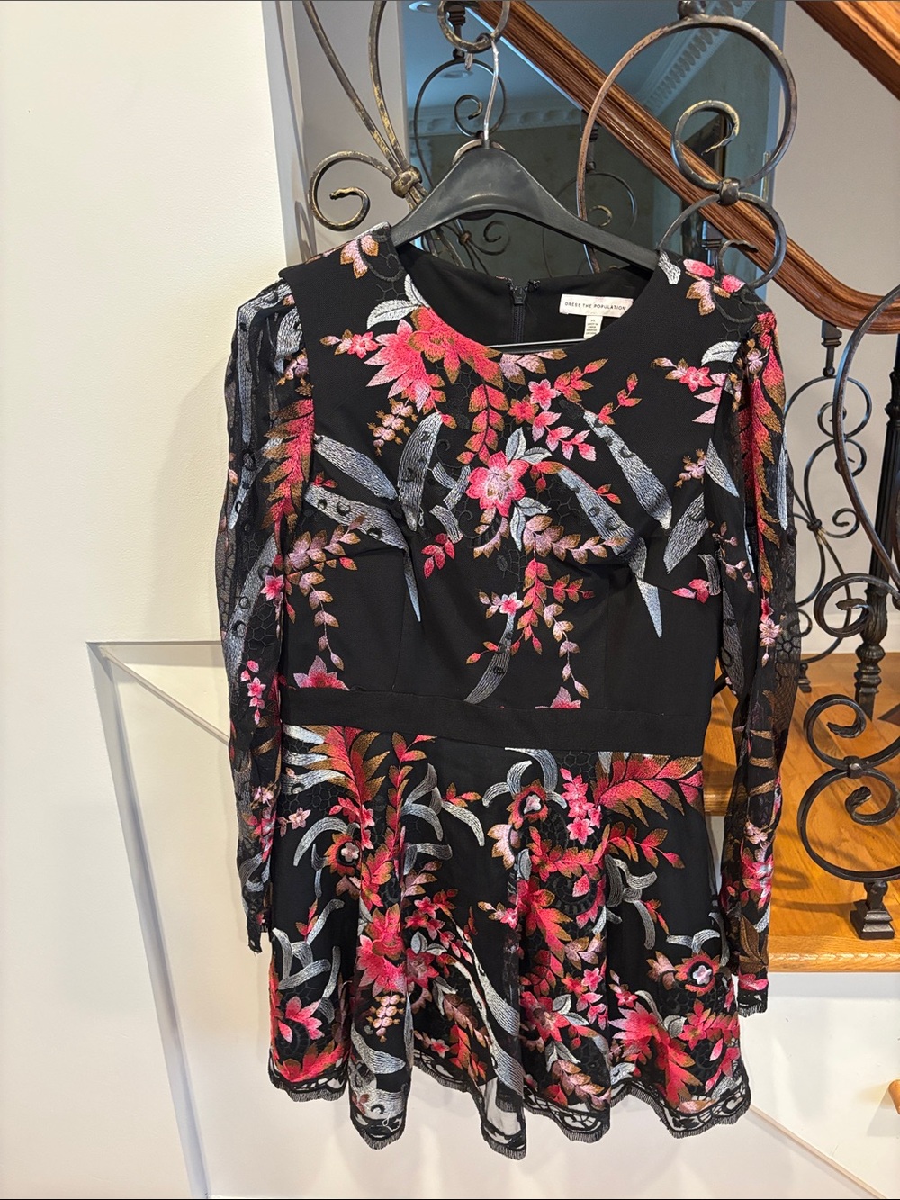 Dress the Population Black Long-Sleeve Floral Embroidered Skater Dress